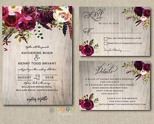 Wooden Rustic Flower Logo - 100 Personalized Wedding Invitations Rustic Wood Burgundy Maroon ...