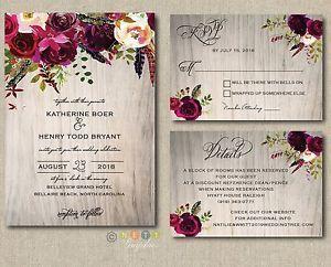 Wooden Rustic Flower Logo - Personalized Wedding Invitations Rustic Wood Burgundy Maroon