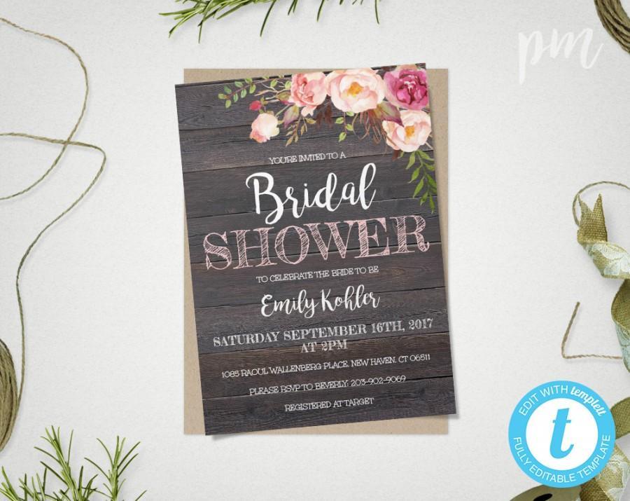 Wooden Rustic Flower Logo - Rustic Floral Bridal Shower Invitation Template, Printable Rustic