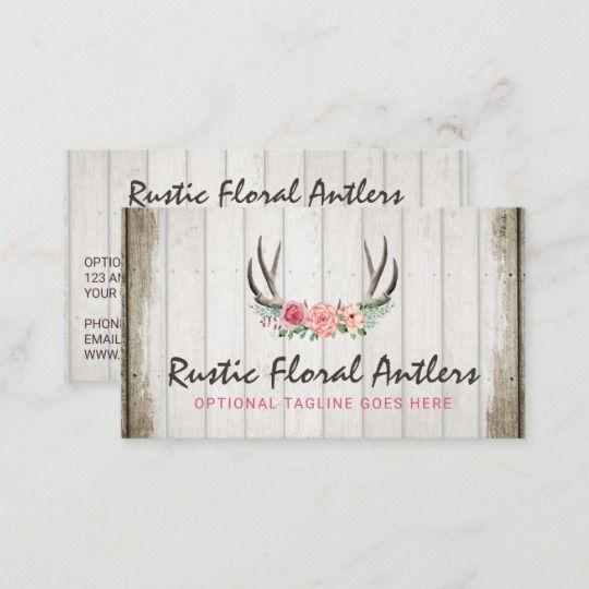 Wooden Rustic Flower Logo - Rustic Floral Antlers Shabby Chic Roses & Wood Business Card
