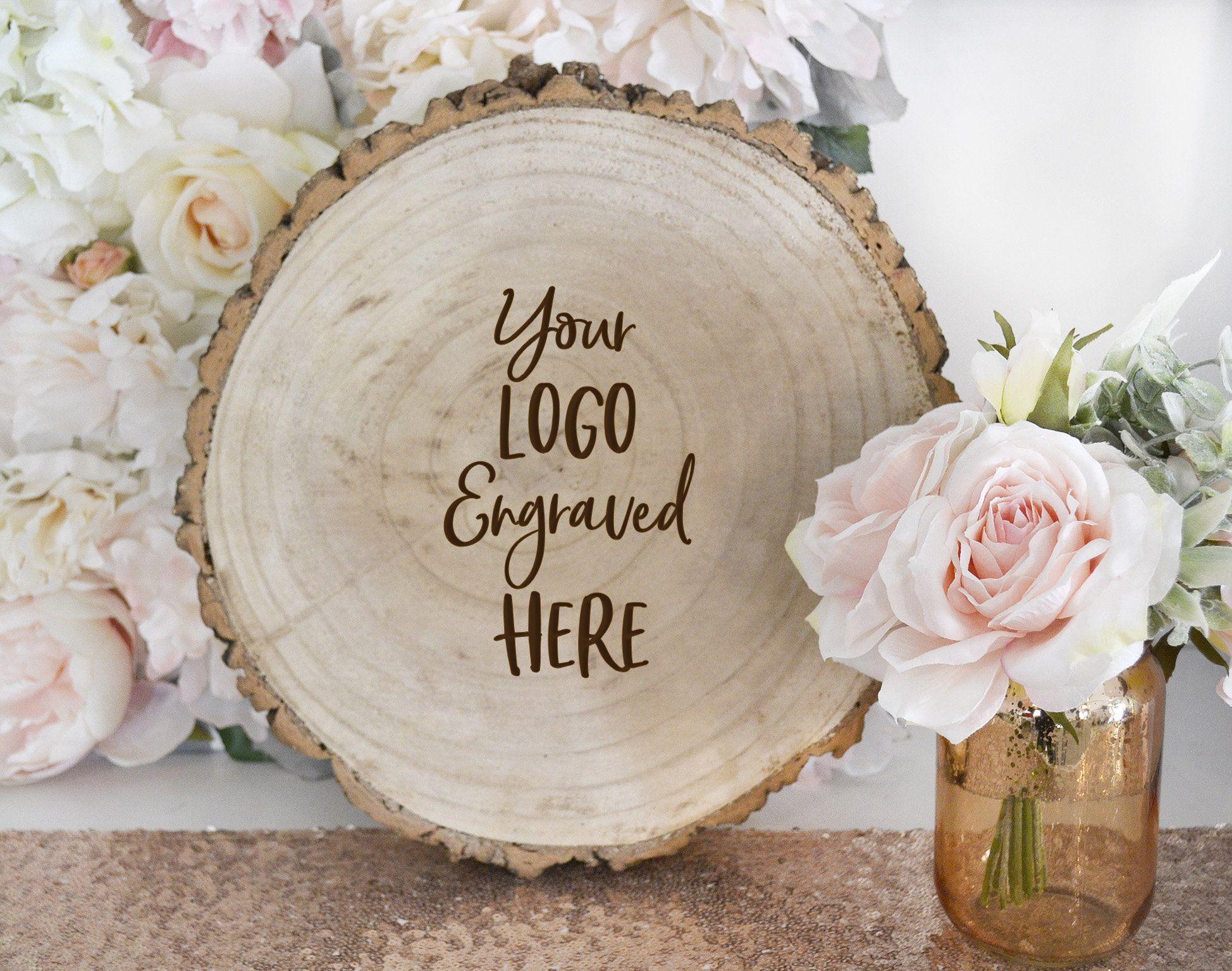 Wooden Rustic Flower Logo - Laser Engraved Logo on Natural Wood Slice. Photohoot Props