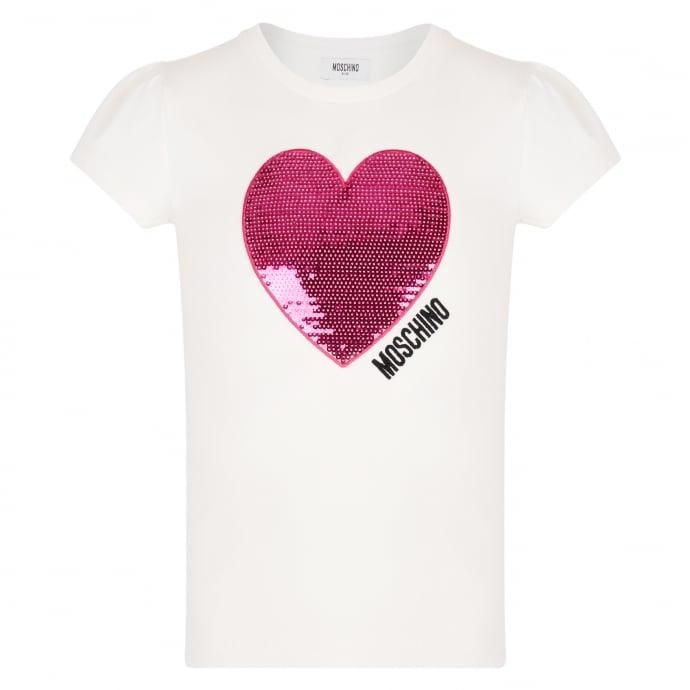 Off White Heart Logo - Moschino Girls Off White T Shirt With Fuchsia Sequin Heart Print