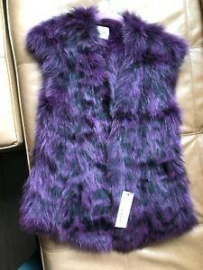 Purple and Black Tiger Logo - NWT Yves Salomon Women's Purple / Black Tiger Print Fox Fur Gilet