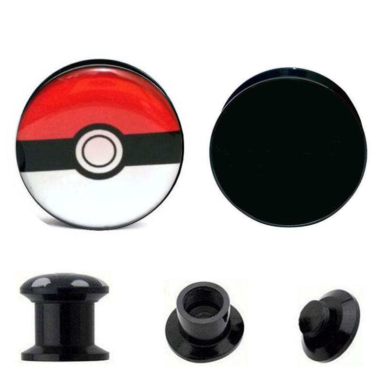 Pokeball Logo - 1pair black acrylic Pokeball logo ear plug tunnels piercing body
