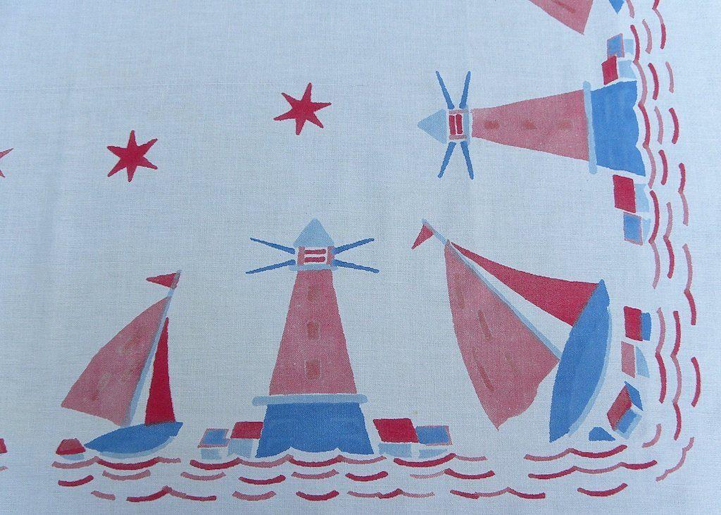 Red White Blue Sail Logo - Vintage Red White and Blue Sail Boat and Light House Tablecloth