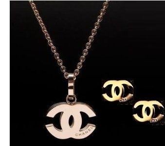 Coco Chanel Gold Logo - COCO CHANEL Rose Gold Logo Necklace + Earrings Set