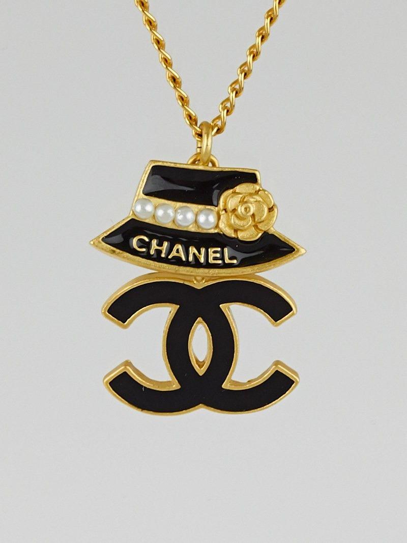 Coco Chanel Gold Logo - Chanel Gold Black Coco Chanel Hat And CC Logo Necklace's Closet