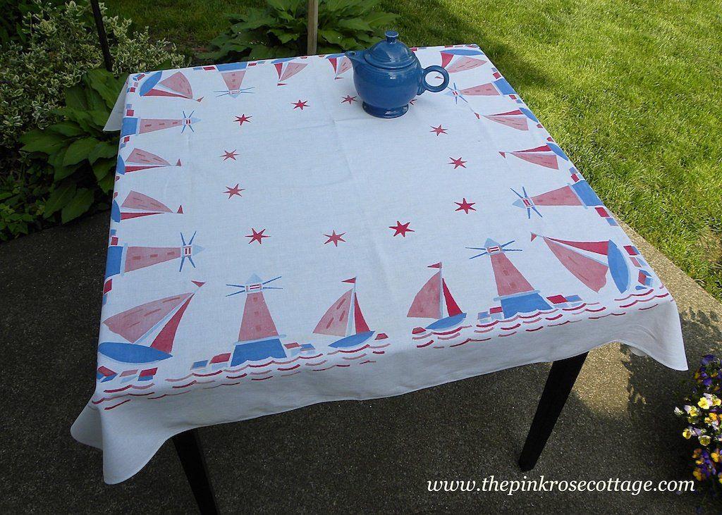 Red White Blue Sail Logo - Vintage Red White and Blue Sail Boat and Light House Tablecloth