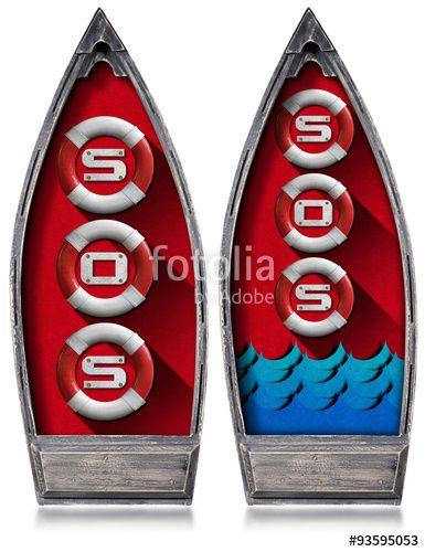 Three Red Waves Logo - Rowboat with Lifebuoys and Text Sos / Two rowboats with three ...
