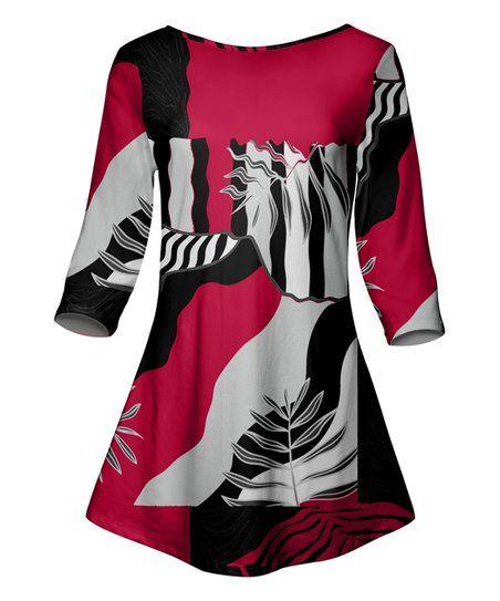 Three Red Waves Logo - Lily Red & White Abstract Waves Three-Quarter Sleeve Fit & Flare ...