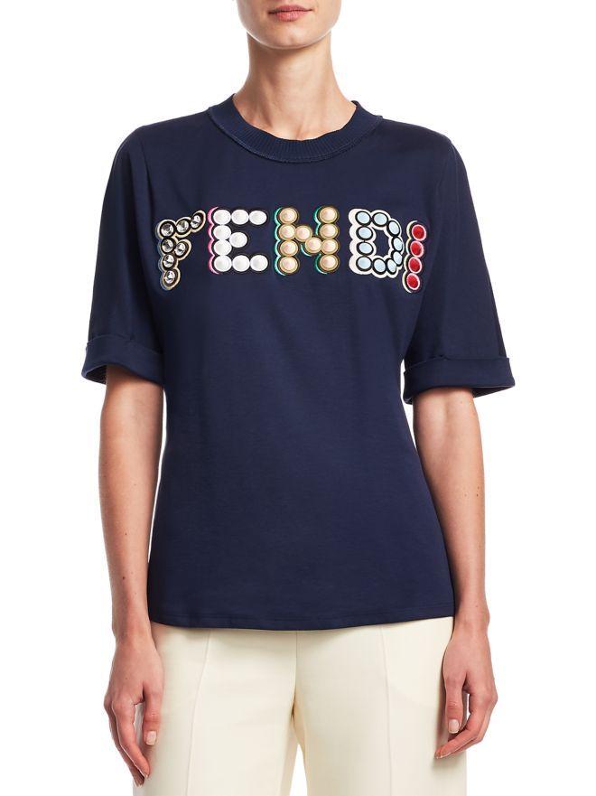 Women Fendi Shirt Logo - Fendi Stud Logo T Shirt Navy Women's Tops Short Sleeve & Sleeveless