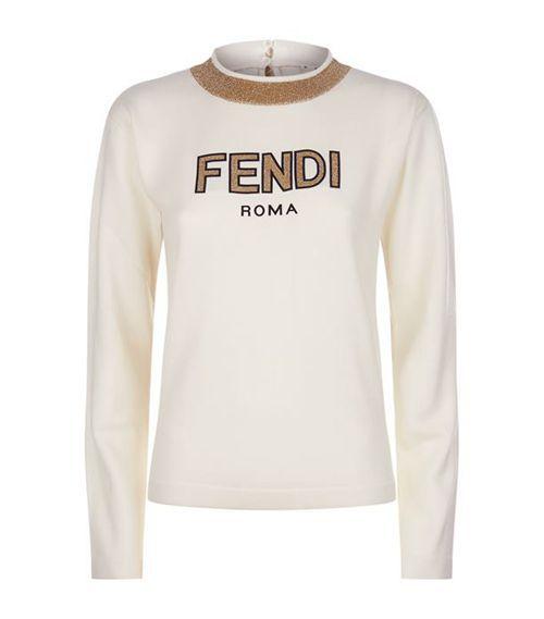 Women Fendi Shirt Logo - Womens Fendi (White) Metallic Logo Sweater FE1692W1065