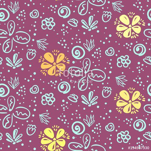 Pink Flower with Yellow Outline Logo - Cute violet doodle floral seamless pattern with outline blue and ...