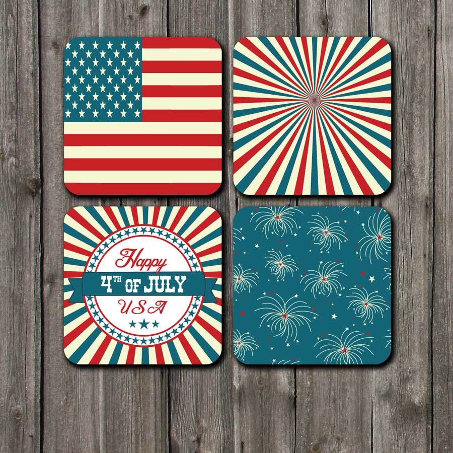 Red White Blue Fox Logo - 4th of July wood coaster set, Cork backing, Non slip, Durable. Blue