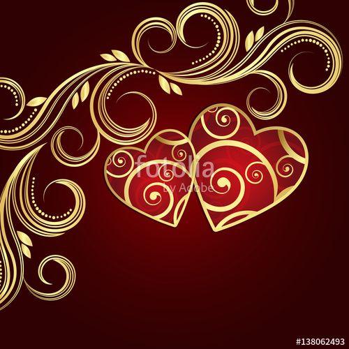 Golden Swirls Logo - Valentine's day red background with hearts and golden floral swirls ...