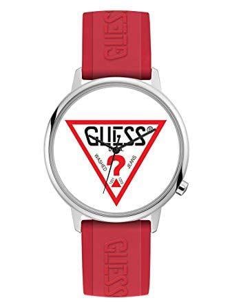 Red and Silver Logo - GUESS Originals Silver Tone And Red Logo Watch: Watches