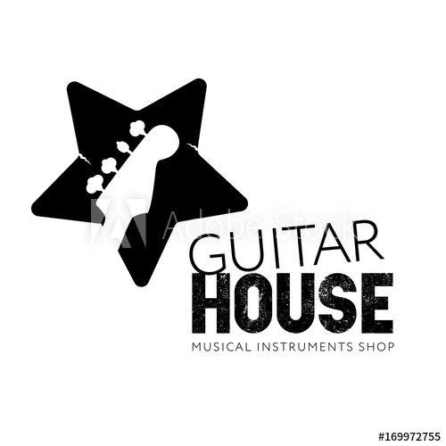 Musical Star Logo - Guitar House. Musical instruments shop logo. Bass guitar neck