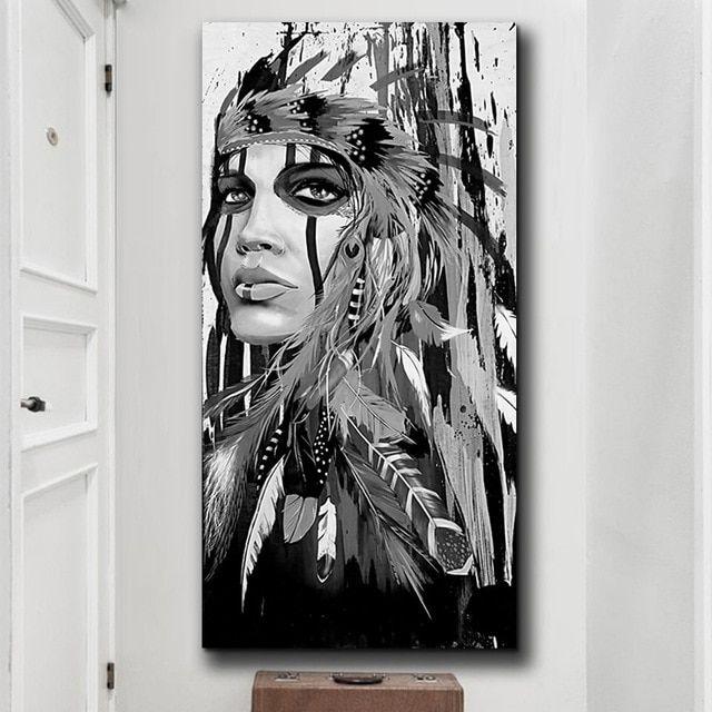 Black and Red Indians Logo - White and Black Native American Indian Girl Feathered Canvas ...