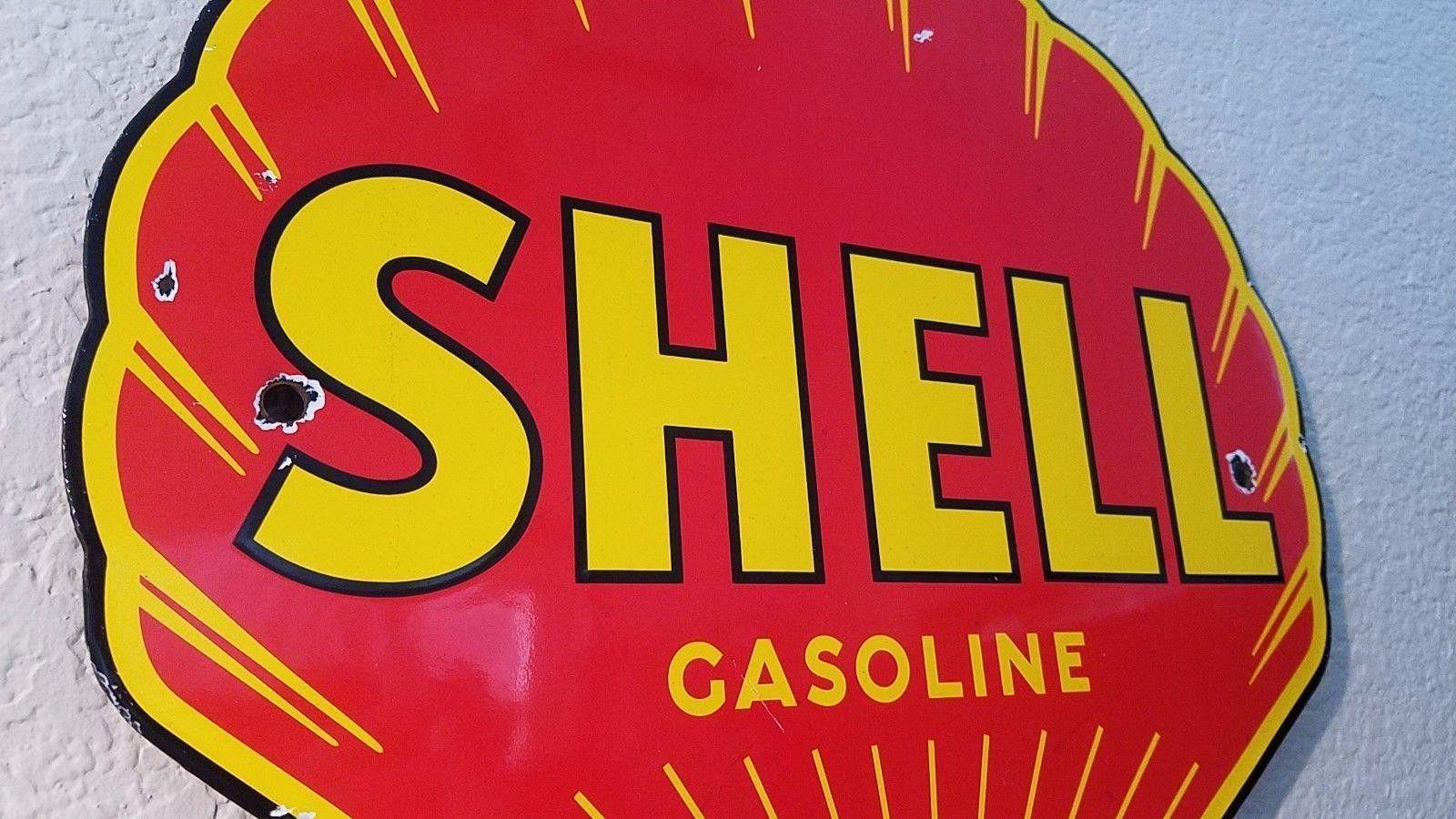 Yellow and Red Clam Logo - VINTAGE RED CLAM SHELL GASOLINE PORCELAIN GAS MOTOR OIL PUMP PLATE ...