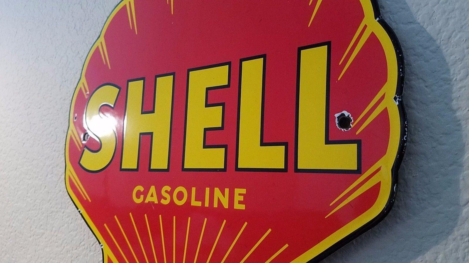Yellow and Red Clam Logo - VINTAGE RED CLAM SHELL GASOLINE PORCELAIN GAS MOTOR OIL PUMP PLATE