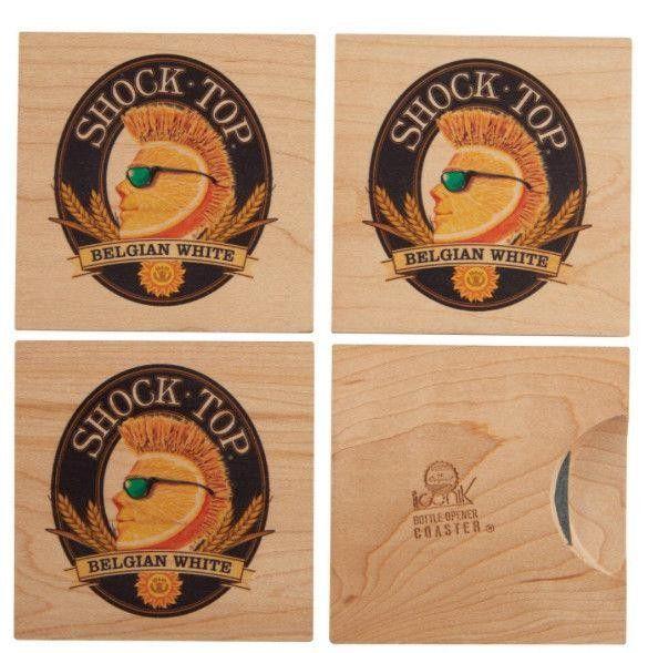 Shock Top Beer Logo - Set of 4 Shock top Brewing Beer logo wooden built in bottle opener ...