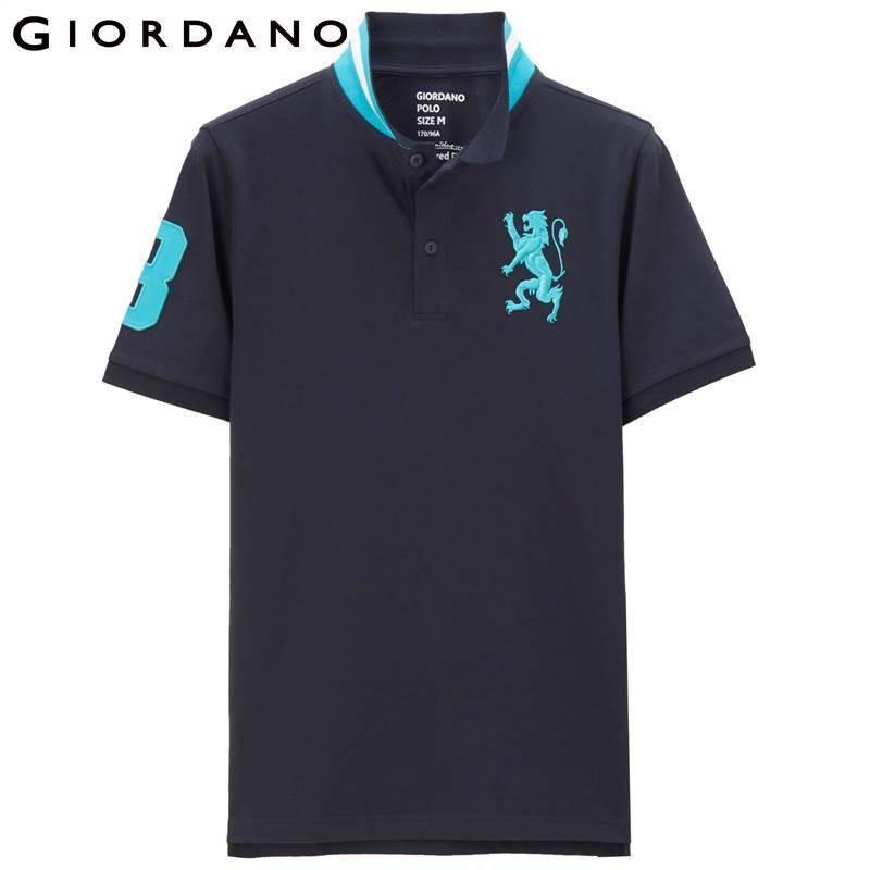 Polos with a Lion Logo - Giordano Men Polo Solid Stand Collar Short Sleeves Polos Lion Cotton ...