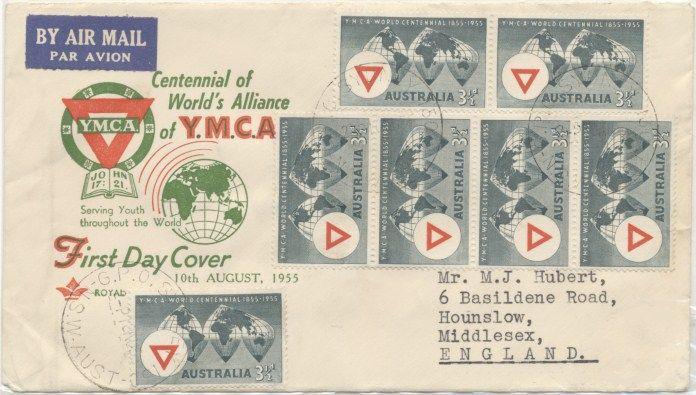 Green YMCA Logo - 10/08/1955 Australian FDC Royal, 3½d Centennial of YMCA with 7 ...
