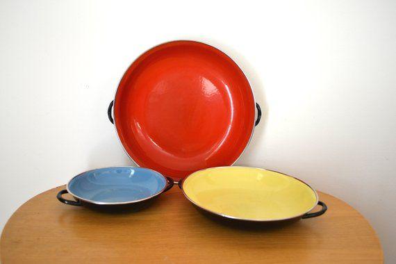 Red Yellow and Blue Ha Logo - Vintage 3 Piece Enamel Pan Paella Set Red Yellow Blue