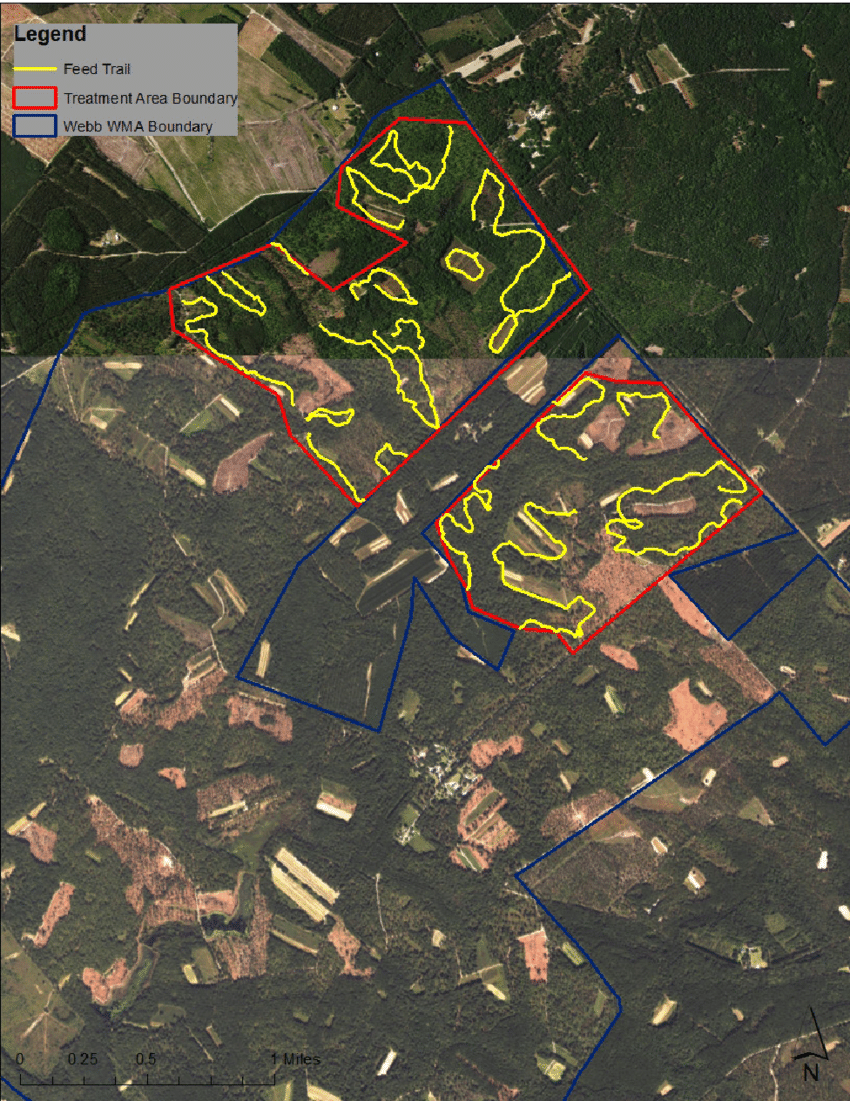 Red Yellow and Blue Ha Logo - Map of feed trail (21 km; red line) located within 364-ha treatment ...