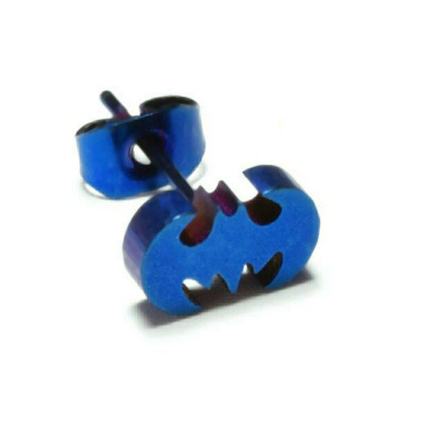 Blue Bat Logo - Anodized Batman Superhero Earring Stud Pin Surgical Steel Blue Bat Logo 20g  Single