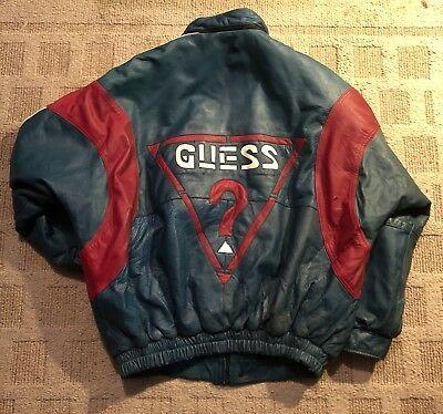 Green White Red L Logo - VINTAGE 90S GUESS Leather Jacket Men's L Green Red White Logo ...