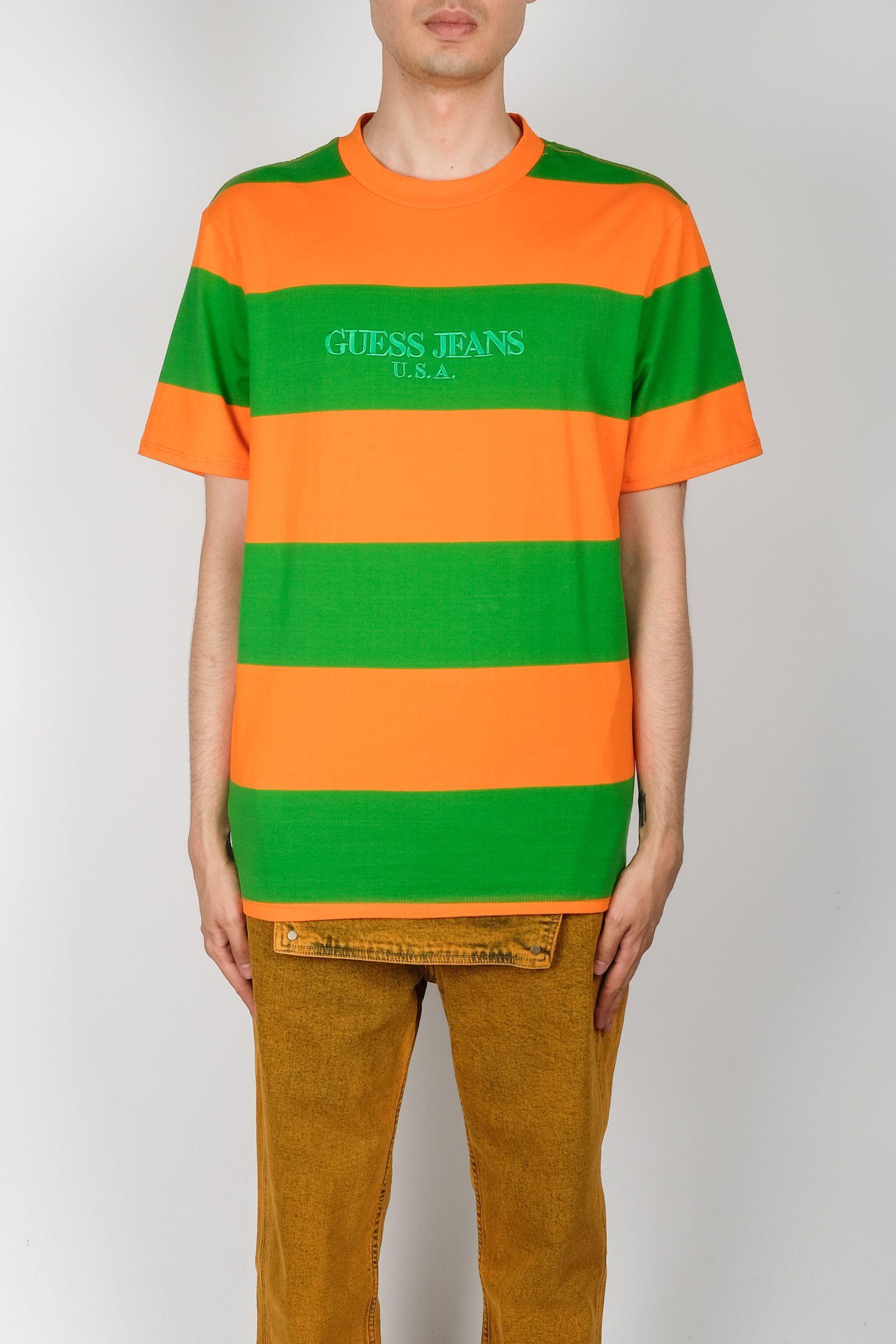 Orange and Green U Logo - GUESS Rugby Stripe T Shirt In Orange Green