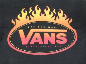 Skatebourd On Small Vans Logo - VANS - FLAMING SKATEBOARD LOGO - OFF THE WALL - SMALL BLACK T-SHIRT ...