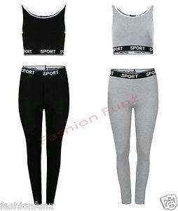 Plain Sports Logo - Womens Ladies Plain Elasticated Waist Sport Logo Crop Top Legging ...