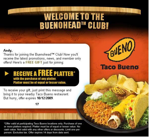 Taco Bueno Logo - Taco Bueno: Free Platter | Good Eats Coupons