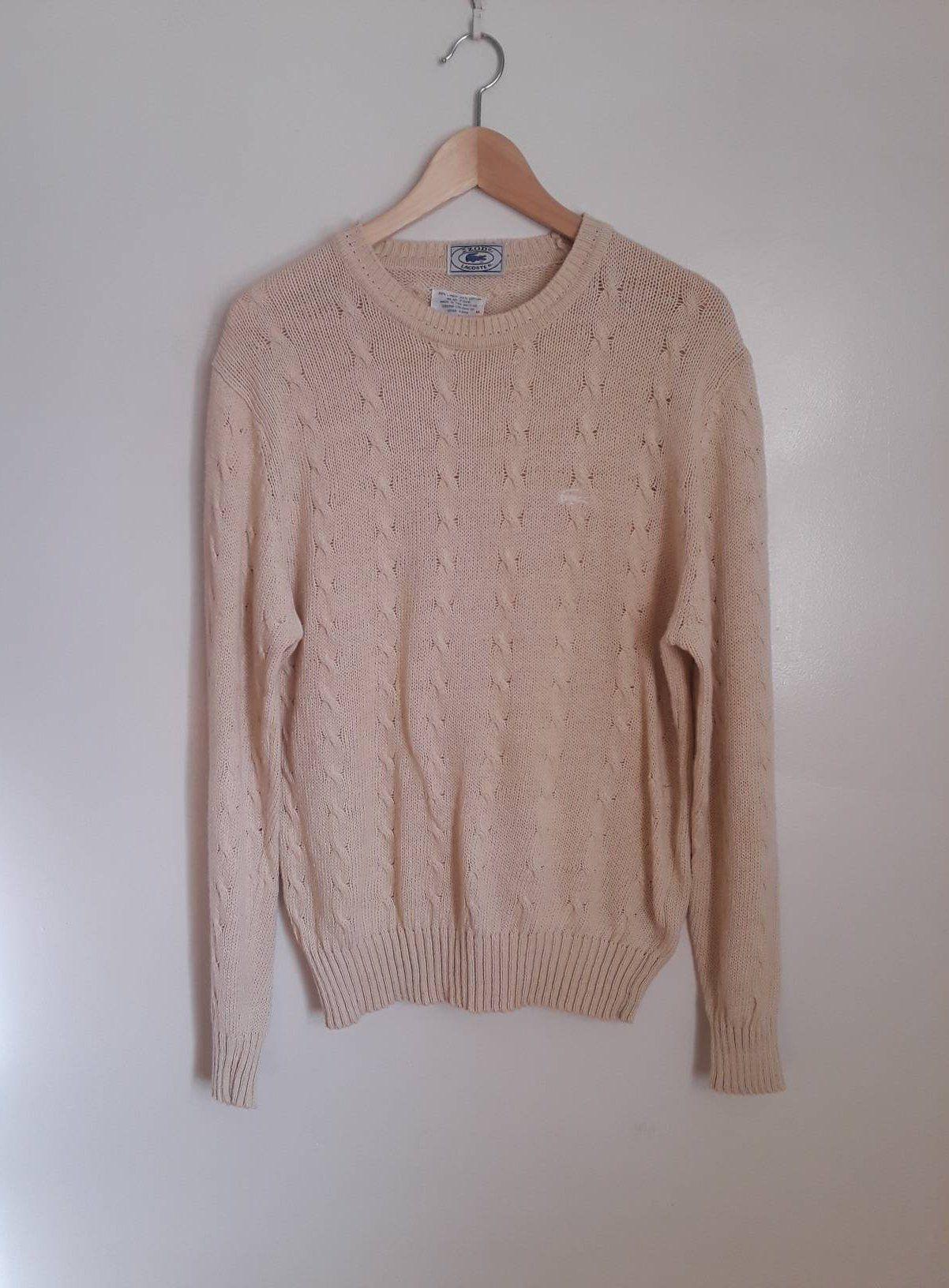 1980s Izod Logo - Vintage 1980's Izod Lacoste Cream Cotton Linen Cable Knit Sweater