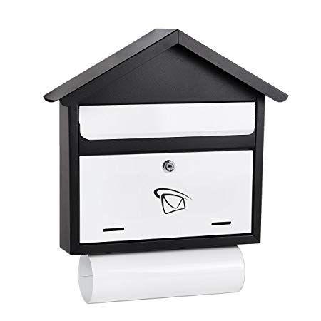Black and White Mail Logo - White Newspaper Holder 6.7 Litre Black Roof Steel Postbox Mailbox