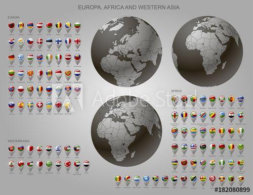 Western Globe Logo - Map markers with flags Europe, Africa and Western Asia and globe set ...
