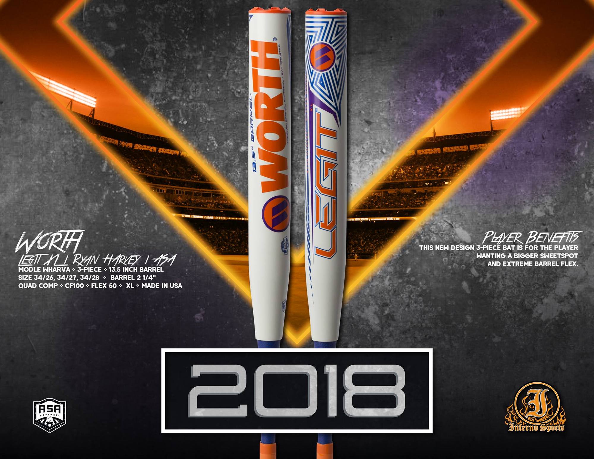 USSSA Softball Bat Logo - 2018 Worth Ryan Harvey Legit 13.5″ XL ASA Slowpitch Softball Bat ...