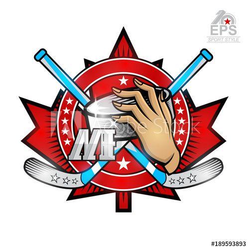 Red Maple Leaf Hockey Logo - Hand hold hockey puck with crosses hockey stick on red maple leaf