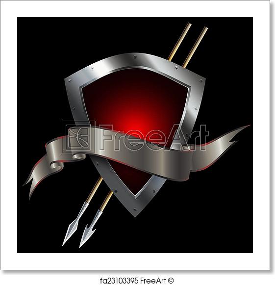 Red and Black Spear Logo - Free art print of Red silver shield with spears and ribbon. Medieval