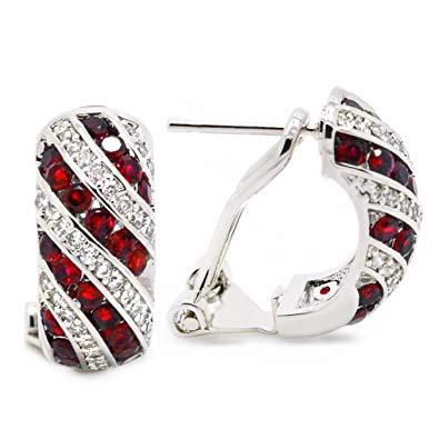 Fashion Red Omega Logo - Red CZ Omega Stud Earrings Striped Rhodium Plated Women
