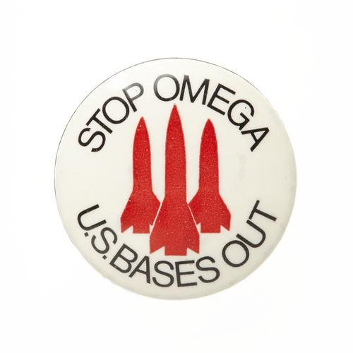 Fashion Red Omega Logo - Badge - Stop Omega U.S. Bases Out (white), circa 1965-1985