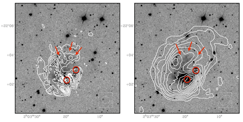 Faint Red Circle with Line Logo - Integrated H i contours on an SDSS r-band image, where the three ...