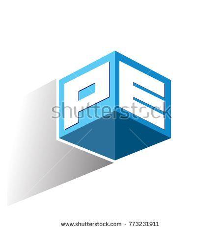PE Logo - Letter PE logo in hexagon shape and blue background, cube logo