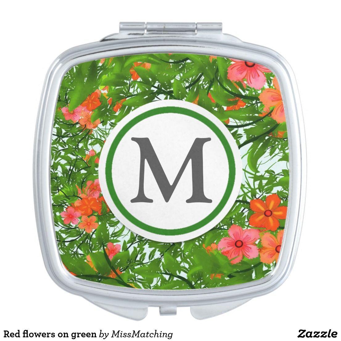 Red Flower with Green Logo - Red flowers on green makeup mirror. Compact Mirrors. Compact