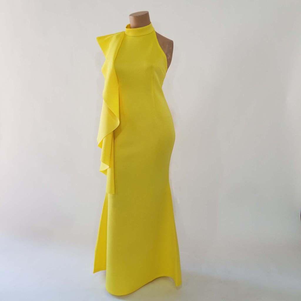 Fashion with Yellow Tree Logo - Fashion Terminal Scuba Long Dress Big Frill On Shoulder - Fashion Tree