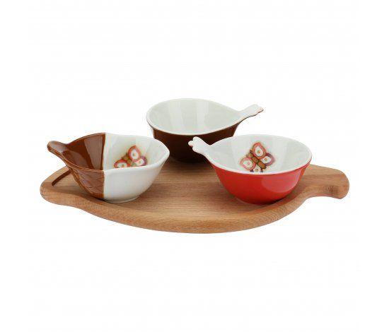 3 Multicolor Leaf Logo - Wooden tray with 3 porcelain bowls Autunno multicolored details ...