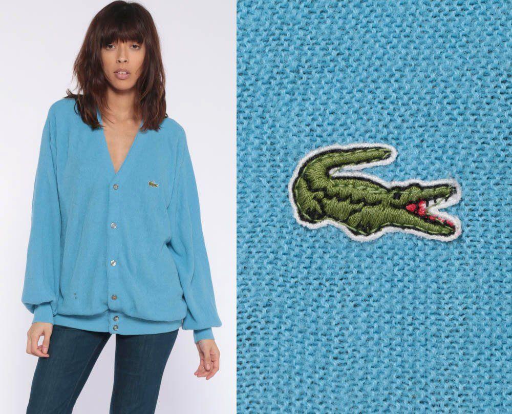 Izod Crocodile Logo - Lacoste Cardigan Sweater 80s Baby Blue Button Up IZOD Crocodile