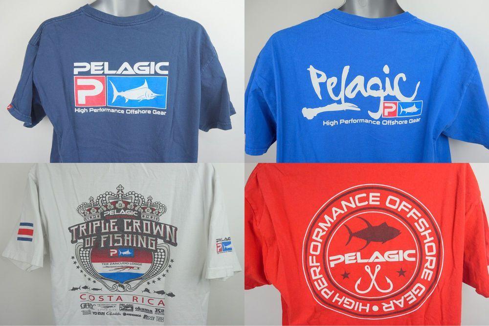 Red and Blue F Crown Logo - Lot 4 PELAGIC Men's T Shirt Size L Short Sleeve Red Bavy Blue White